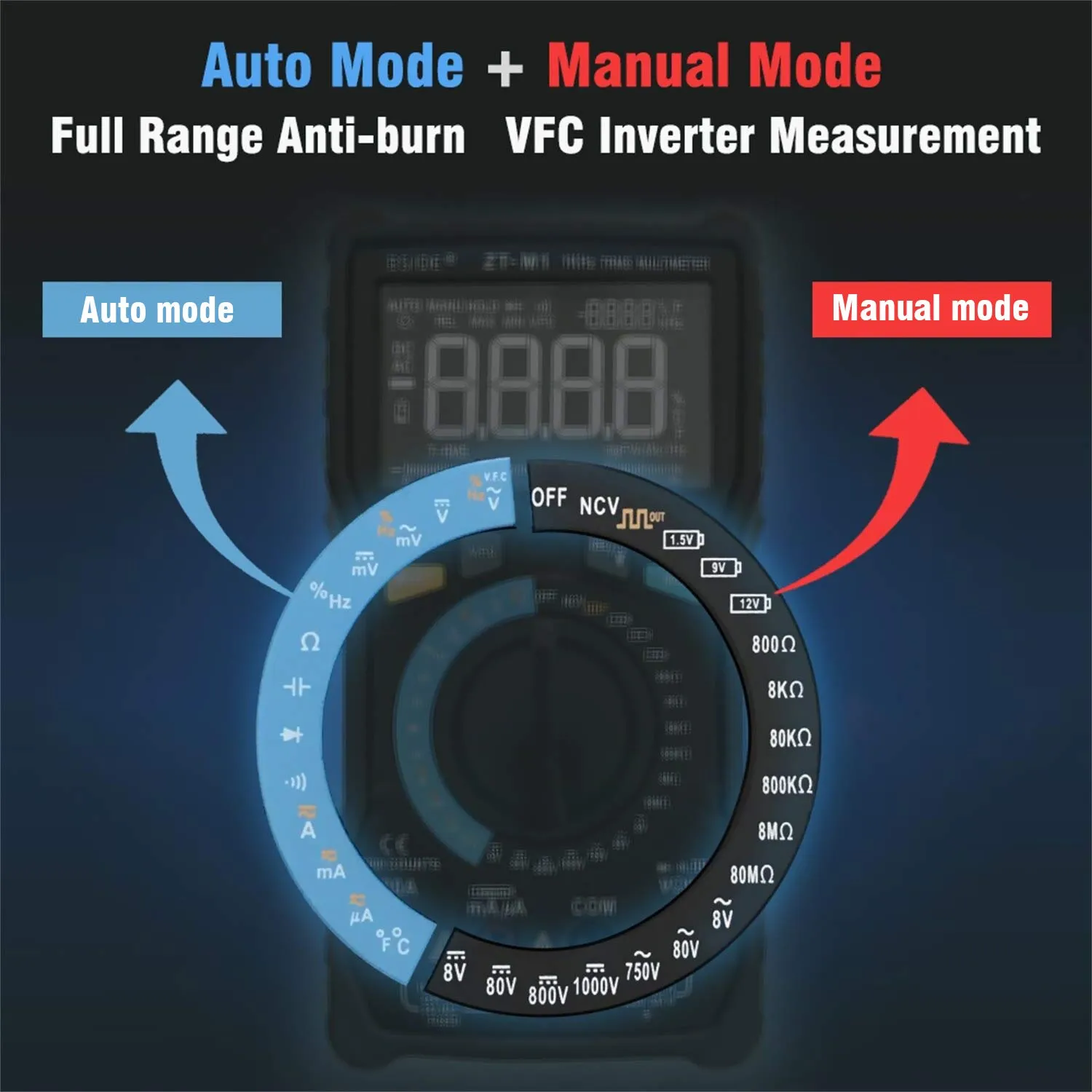 BSIDE EBTN LCD Digital Multimeter 3-Line Display Large Screen True RMS 8000 Counts Auto-Ranging DMM VFC Temperature Capacitance Volt Amp Ohm Hz Battery Tester with Analog Bar & Alligator Clip