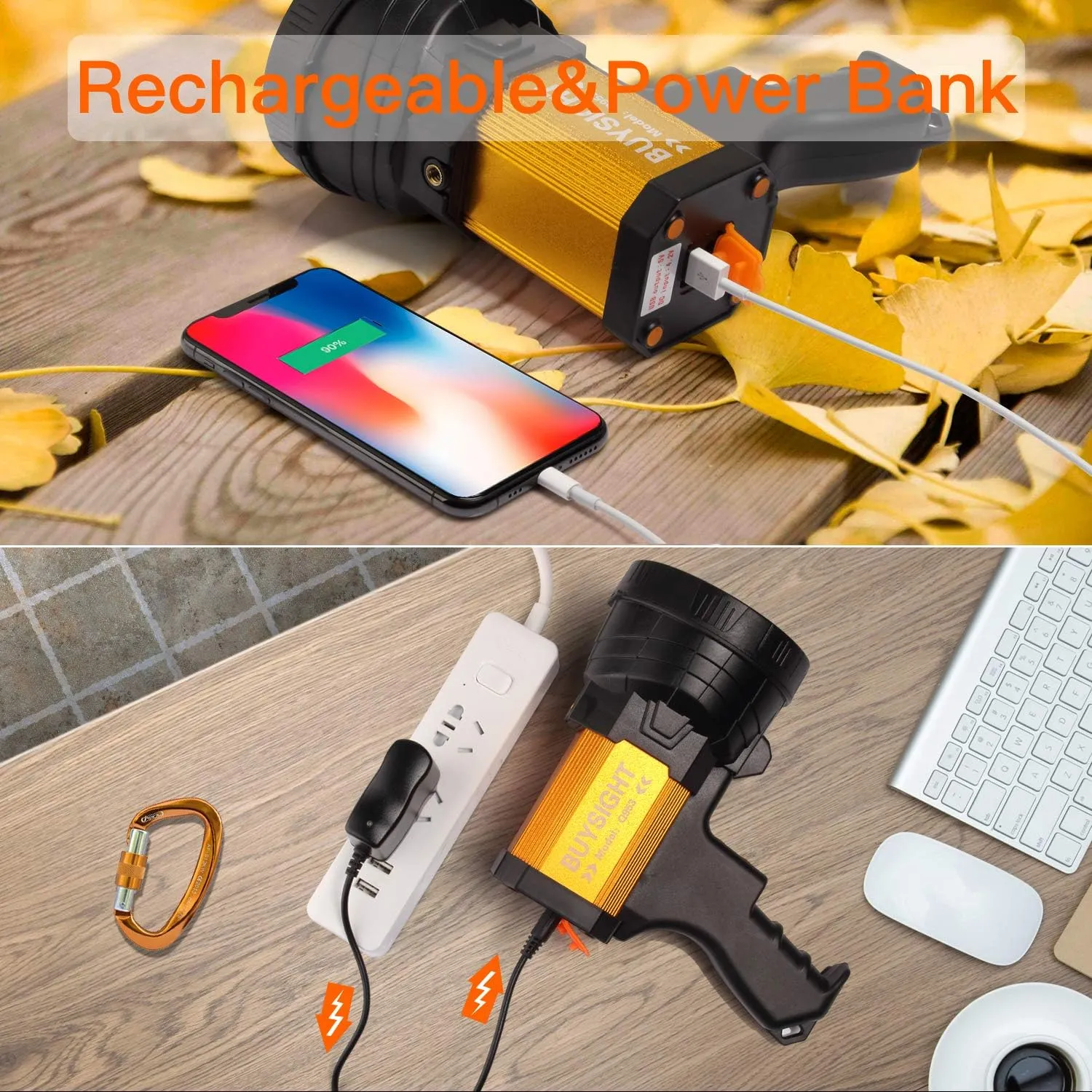 BUYSIGHT Rechargeable Spotlight,Spot Lights Hand held 800 lumens Large Flashlight Handheld Spotlight Lightweight and Super Bright Flashlight (Aluminium_Alloy Golden)