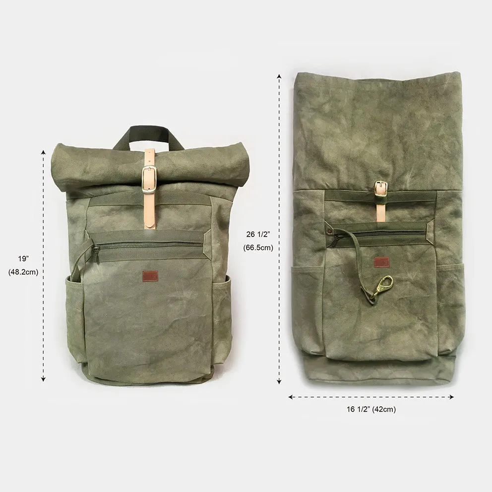 BZEN X MINER49ER LIMITED EDITION BERGEN16-16MG ROLL TOP BACK PACK VEGGIE DYED CANVAS-20oz-MOSS GREEN