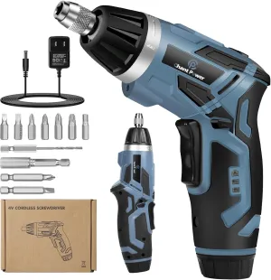 C P CHANTPOWER Cordless Electric Screwdriver Set, 6 1 Torque Gears,1/4'' Hex Self-Lock Chuck, 4V Small Rechargeable Screwdriver with 11 pcs Accessories, Flashlight, Charger Blue