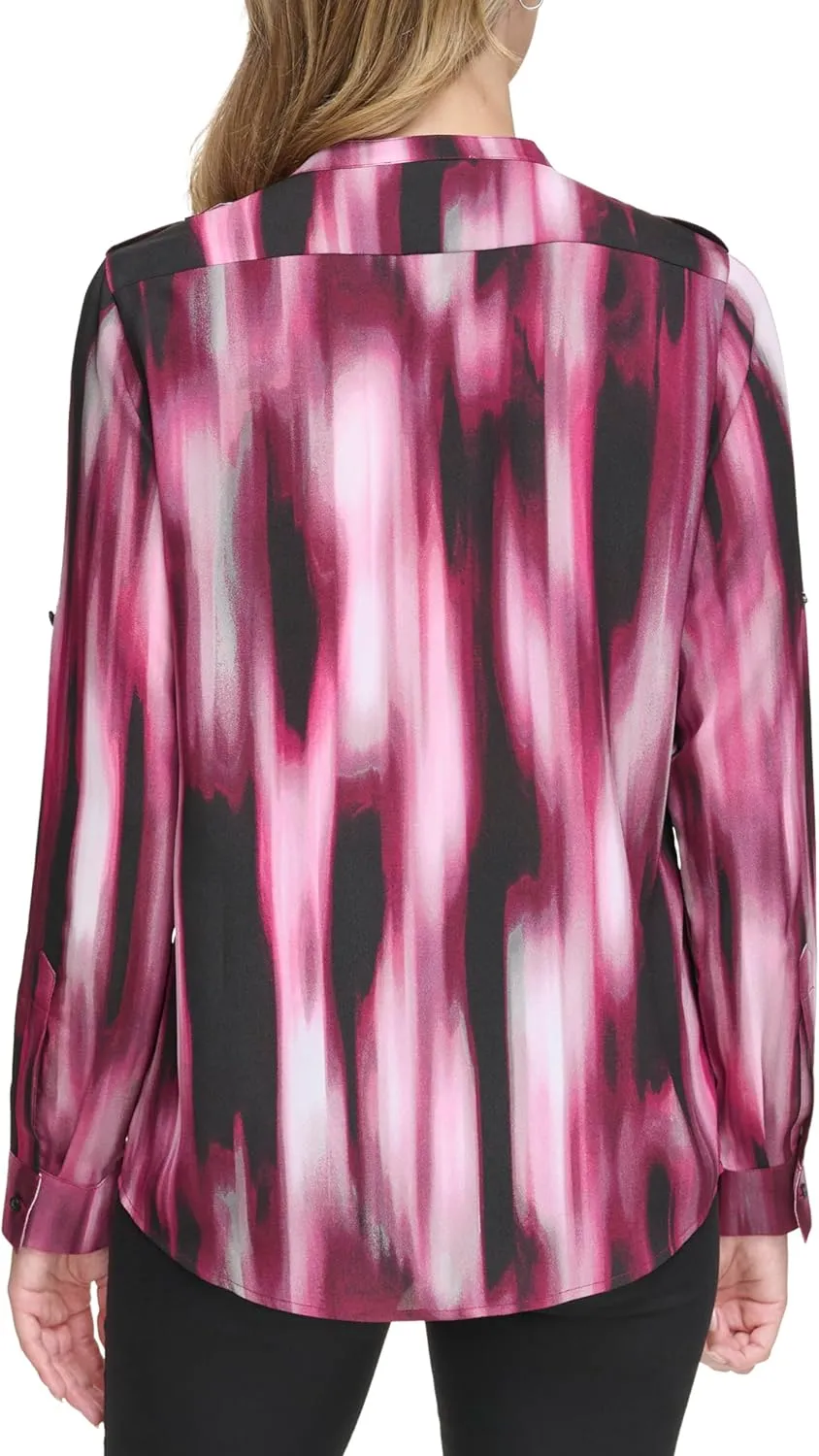 Calvin Klein Women's Plus Roll Sleeve Printed Blouse Top