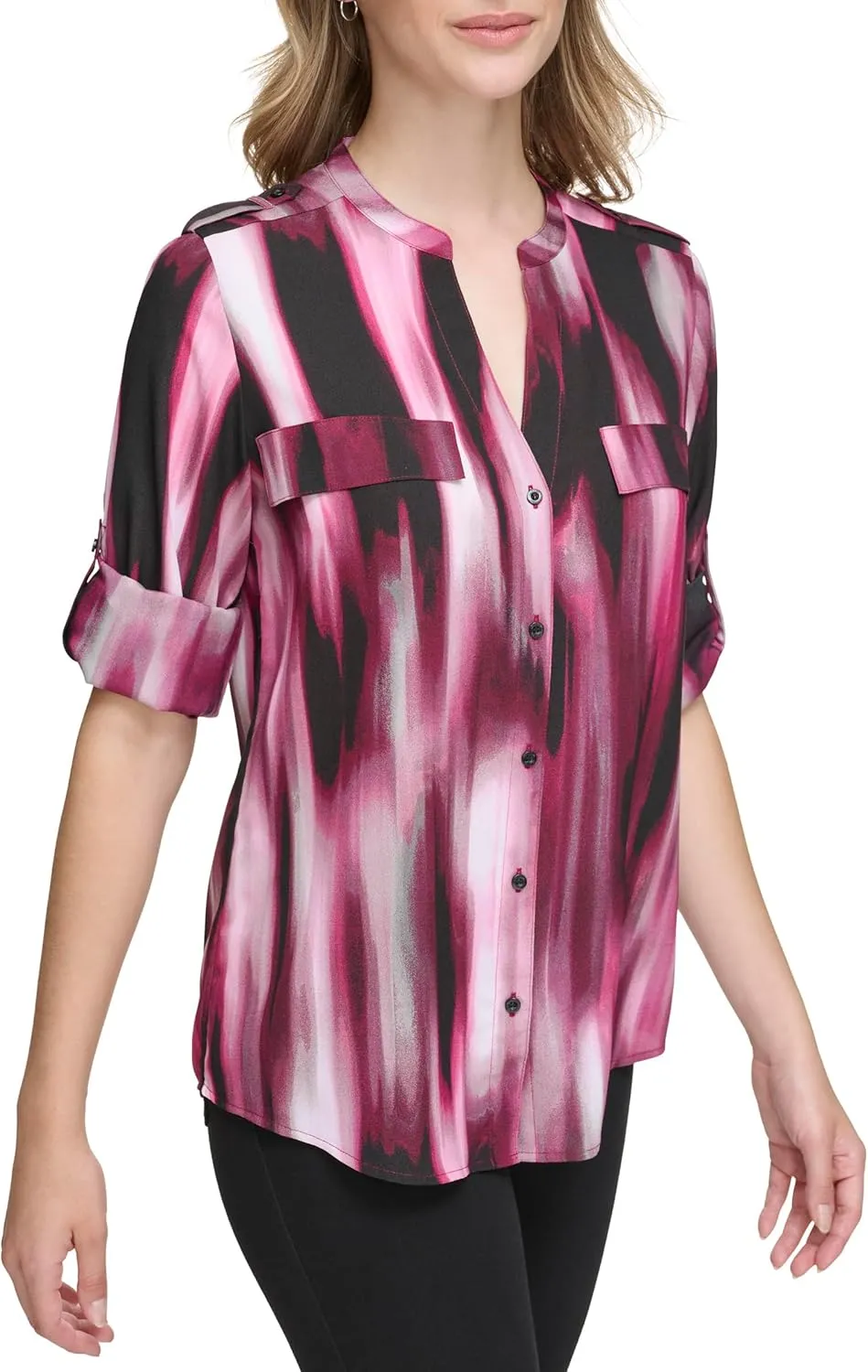 Calvin Klein Women's Plus Roll Sleeve Printed Blouse Top