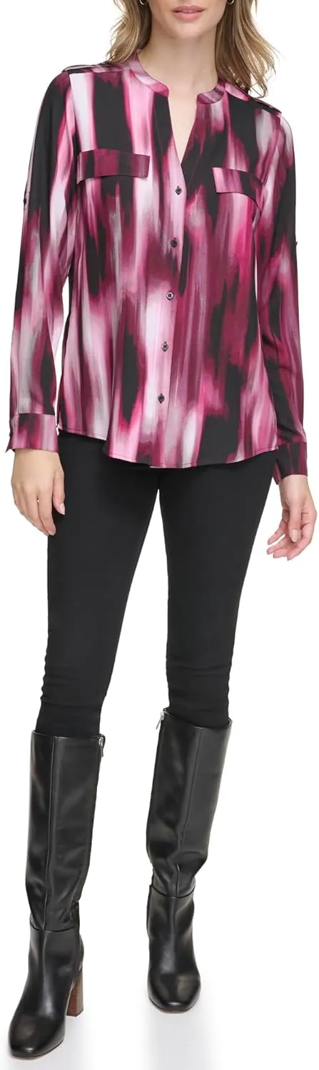 Calvin Klein Women's Plus Roll Sleeve Printed Blouse Top