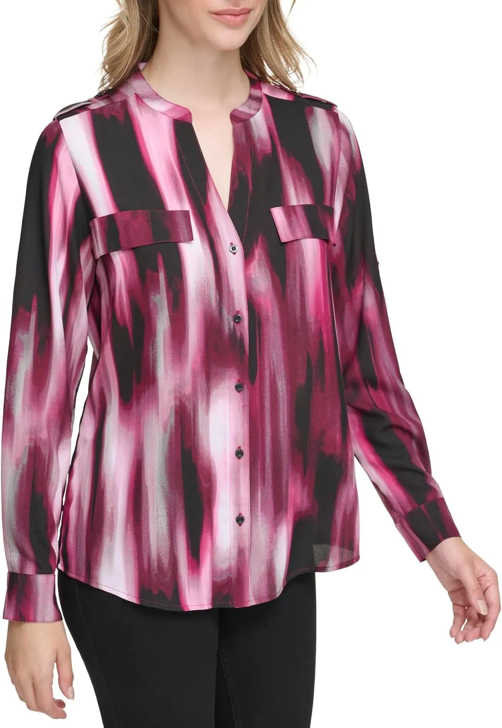 Calvin Klein Women's Plus Roll Sleeve Printed Blouse Top