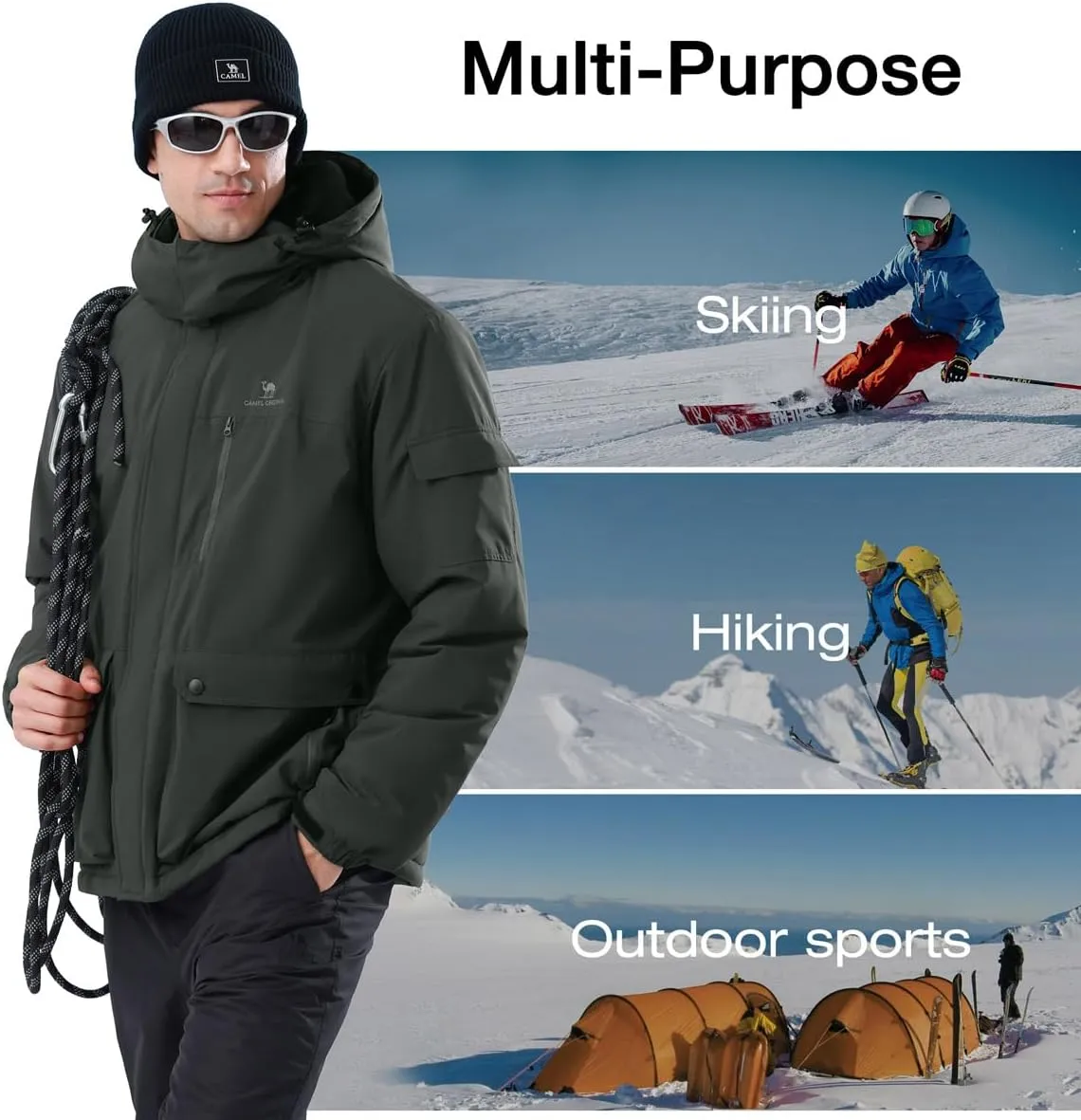 CAMEL CROWN Men's Waterproof Ski Jackets Winter Coats Snow Jacket Adjustable Fleece Windbreaker Windproof Outdoor RainJackets