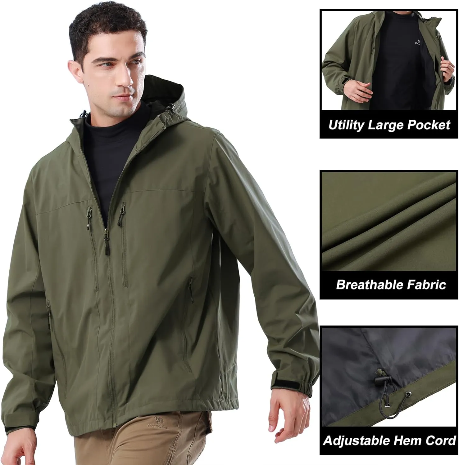 CAMEL CROWN Men's Waterproof Softshell Jacket Lightweight Windbreaker Hooded Rain Coat For Outdoor Hiking