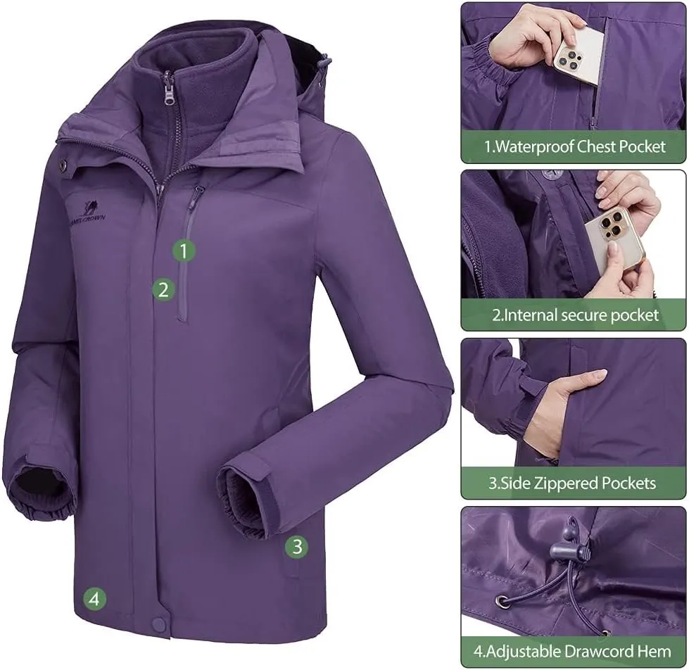 CAMEL CROWN Women's Waterproof Ski Jacket 3 in 1 Winter Coat Windbreaker Snowboard Jackets for Rain Snow Outdoor Hiking