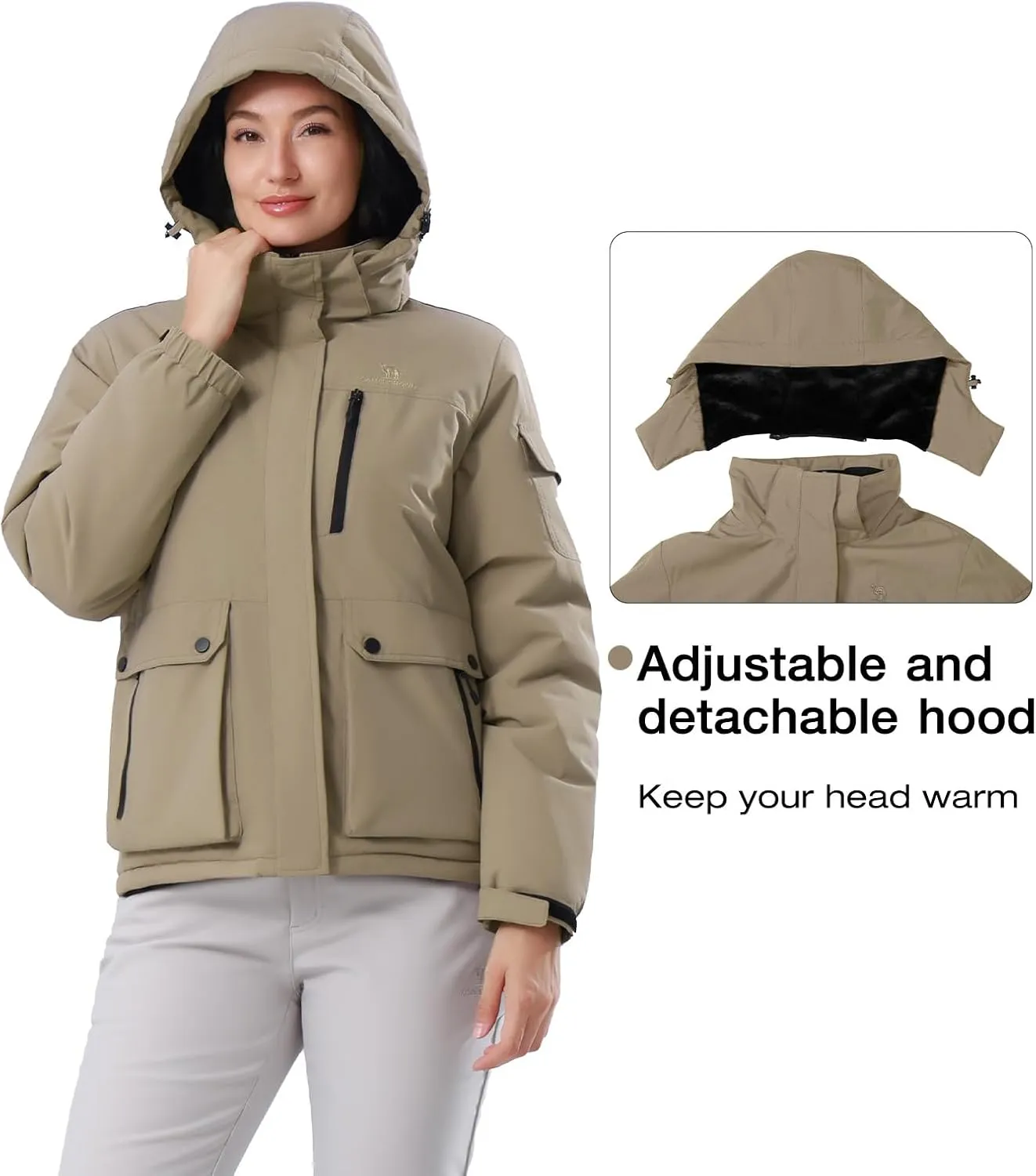 CAMEL CROWN Women's Waterproof Ski Jacket Warm Winter Snow Coat Hiking Windbreaker Hooded Outdoor Snowboarding Jacket