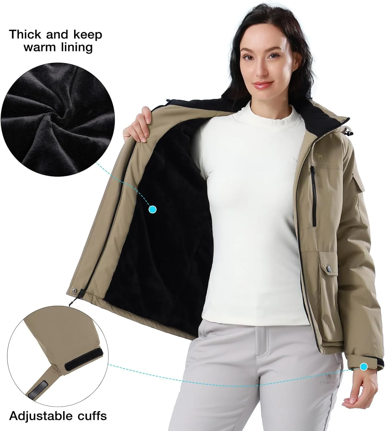 CAMEL CROWN Women's Waterproof Ski Jacket Warm Winter Snow Coat Hiking Windbreaker Hooded Outdoor Snowboarding Jacket