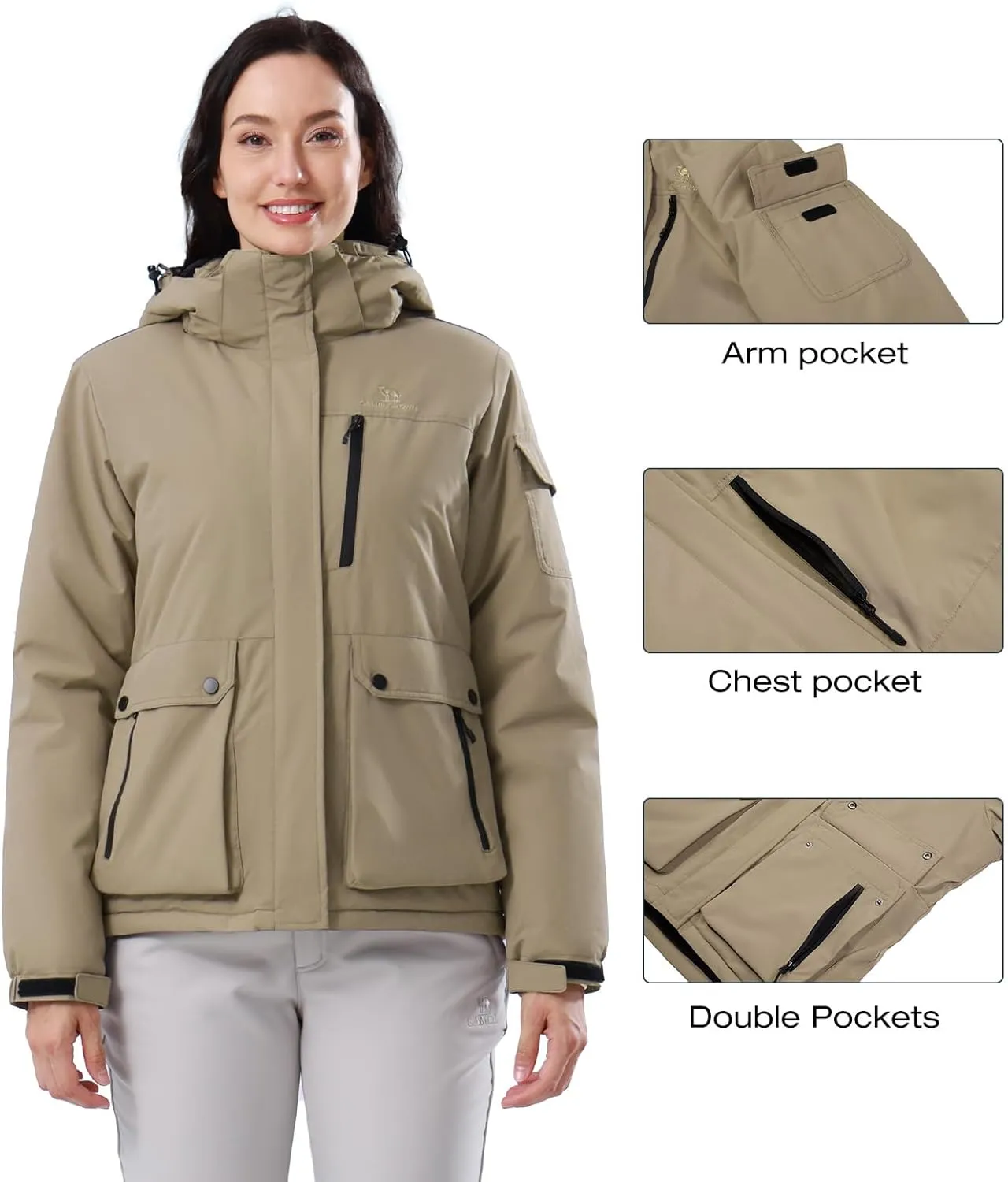 CAMEL CROWN Women's Waterproof Ski Jacket Warm Winter Snow Coat Hiking Windbreaker Hooded Outdoor Snowboarding Jacket