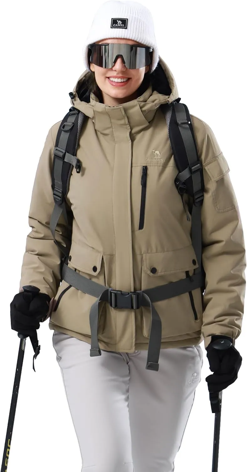 CAMEL CROWN Women's Waterproof Ski Jacket Warm Winter Snow Coat Hiking Windbreaker Hooded Outdoor Snowboarding Jacket