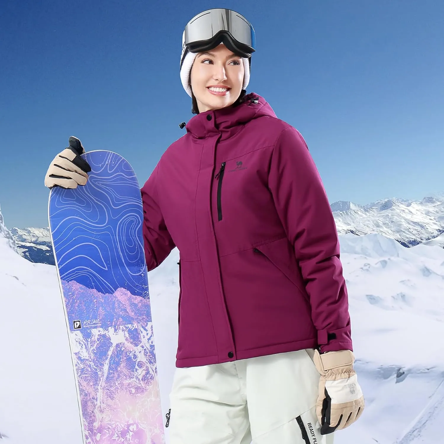 CAMEL CROWN Women's Waterproof Ski Jacket Windproof Hooded Winter Coat Warm Inner Jacket Outdoor Hiking