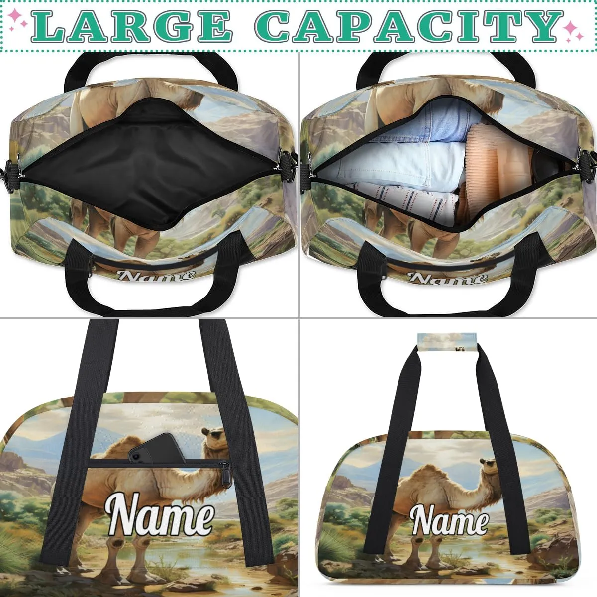 Camel Pattern Custom Name Sport Duffel Bag Dance Bag for Girls Teens Personalized Ballet Bag Gift for Birthday Christmas Helloween