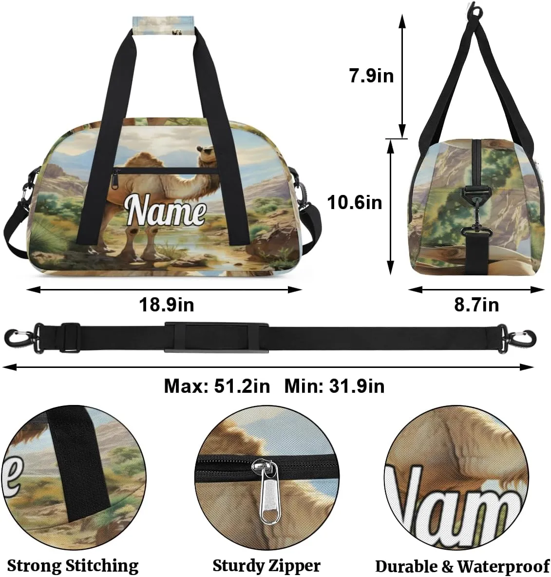 Camel Pattern Custom Name Sport Duffel Bag Dance Bag for Girls Teens Personalized Ballet Bag Gift for Birthday Christmas Helloween