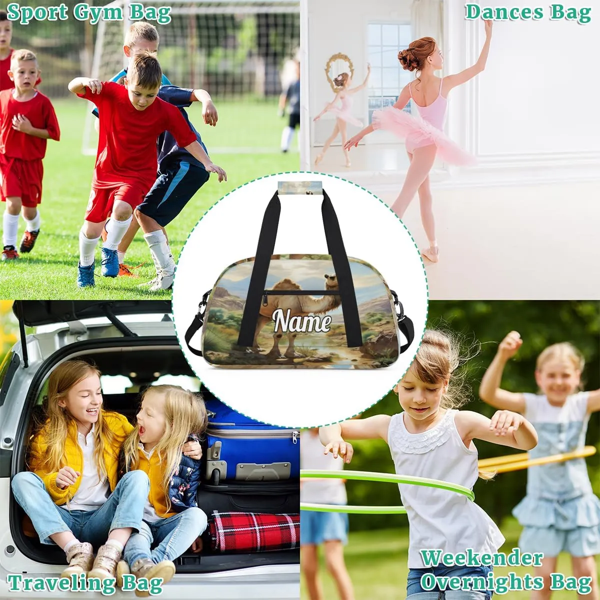 Camel Pattern Custom Name Sport Duffel Bag Dance Bag for Girls Teens Personalized Ballet Bag Gift for Birthday Christmas Helloween