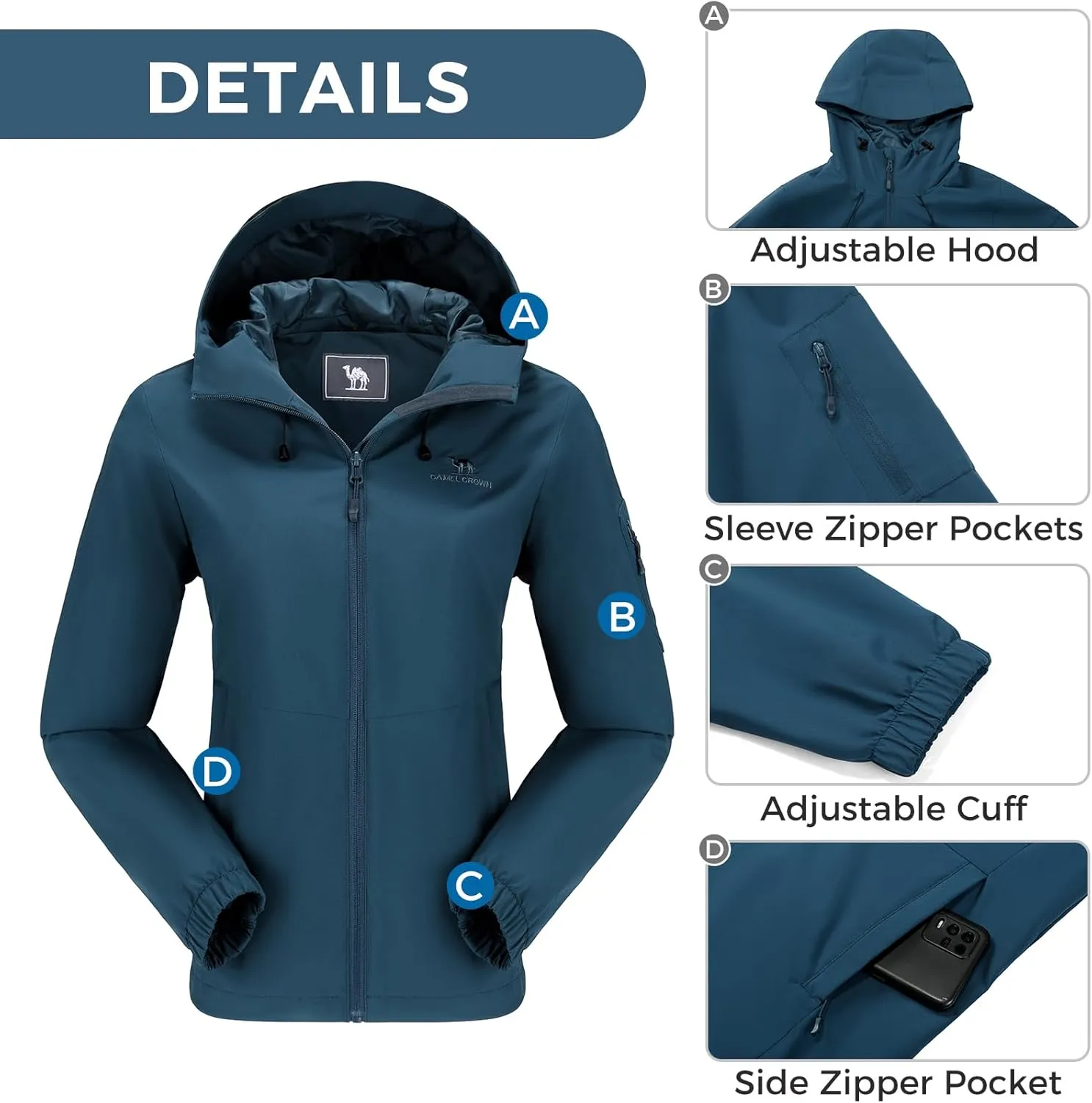 CAMELSPORTS Women's Rain Jacket Lightweight Windbreaker Hooded Raincoat Windproof Coat Shell for Outdoor Hiking