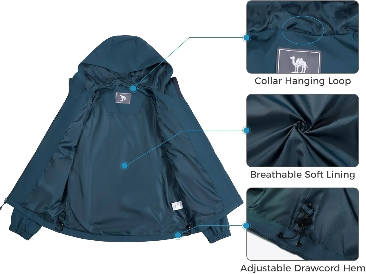 CAMELSPORTS Women's Rain Jacket Lightweight Windbreaker Hooded Raincoat Windproof Coat Shell for Outdoor Hiking