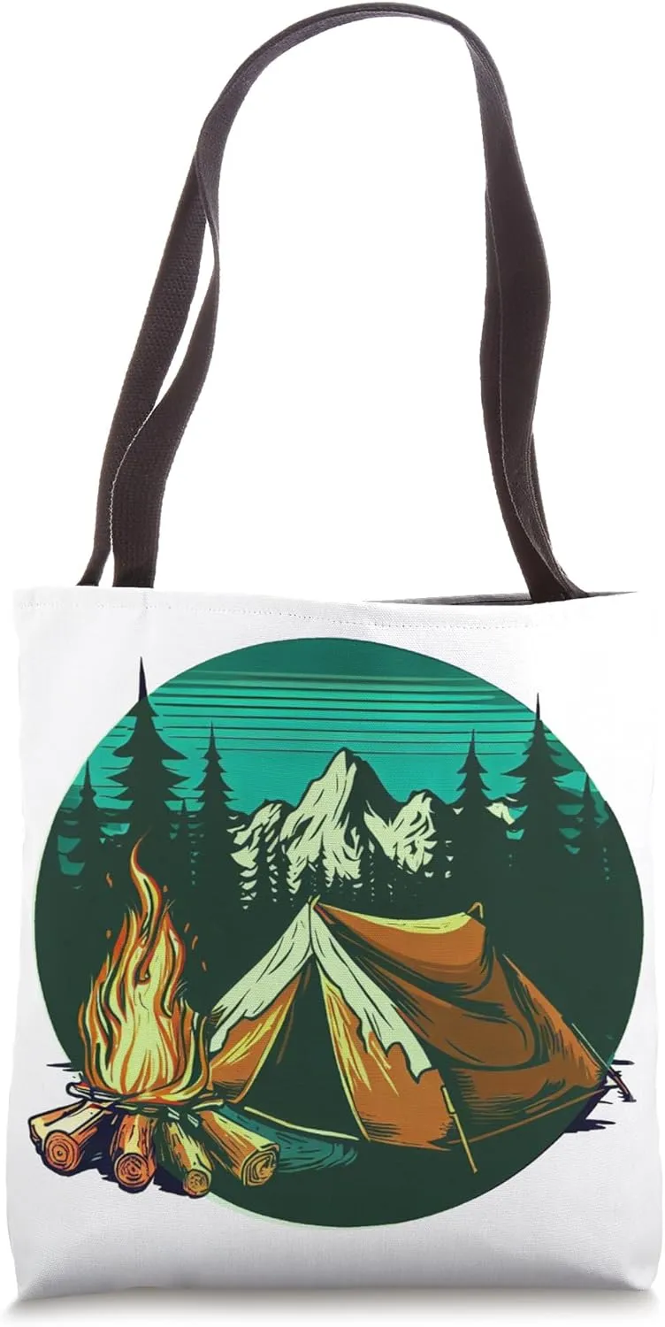 Camping - A Vintage Scene, Tent, Fire, Snow Capped Mountains Tote Bag