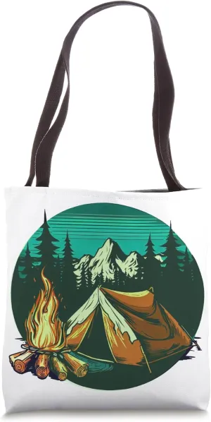 Camping - A Vintage Scene, Tent, Fire, Snow Capped Mountains Tote Bag