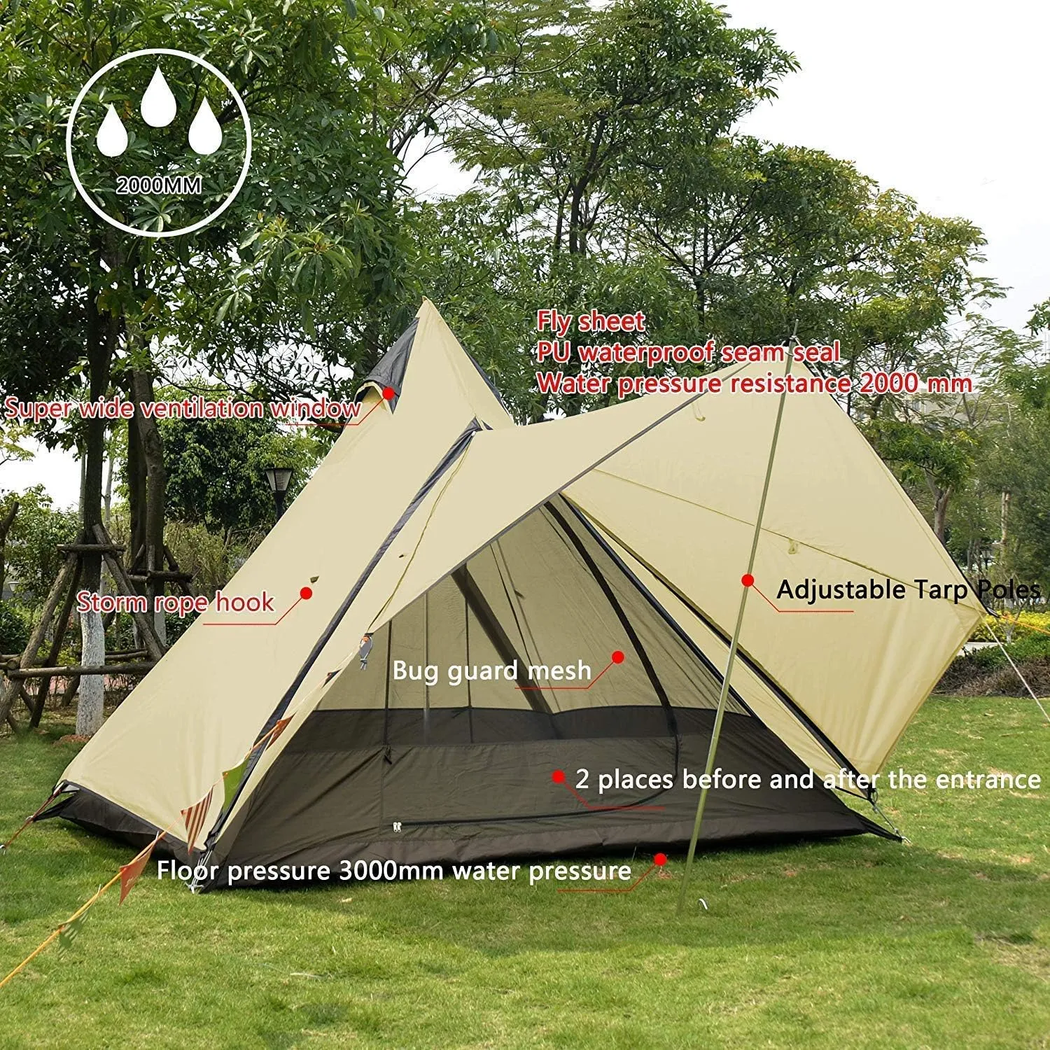 Camping Pyramid Tipi Tent Adult Indian Teepee Tent Yurt Tent Double Layers Tents for Outdoor Camping Hiking Hunting 2 Person