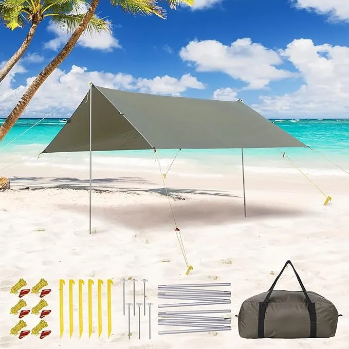 Camping Tarp, 10X9FT Hammock Tent - Waterproof and Anti-UV Protection, Portable and Lightweight, Including Tent Stakes and Carry Bag