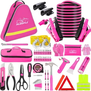 Car Roadside Emergency Kit - Pink Roadside Assistance Emergency Kit with Jumper Cables, Auto Tool Set, Deer Whistles, Winter Car Safety Roadside Assist Kit for Teen Girl and Ladies