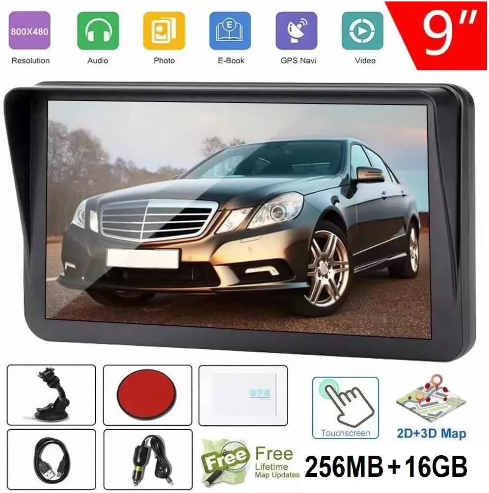 Car Truck GPS Navigation with 9"" Touch Screen, 256MB 16GB, 2024 Maps, Black