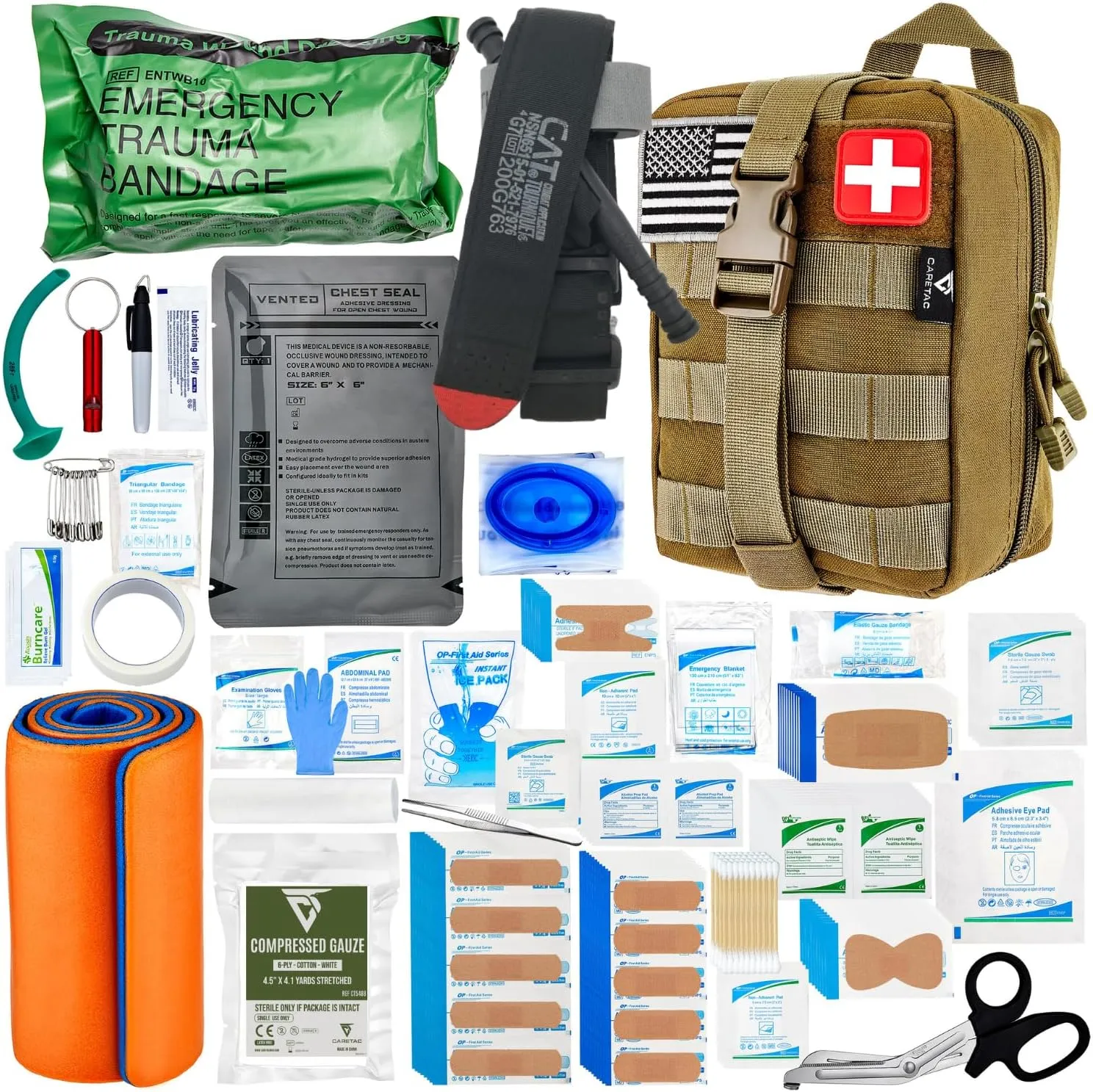CareTac Advanced First Aid Trauma Kit for Camping & Travel – Emergency Tactical IFAK with C.A.T Tourniquet, Chest Seal, Israeli Bandage, Splint, CPR Mask – Bleed Control, Gunshot Wounds, Burns & Cuts