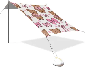 Cartoon Cute Brown Bear Designed UPF50  Foldable Beach Canopy Lightweight Large Sun Shelter Includes Sand Shovel, Sandbags, Stability Poles for Camping, Picnics, Backyard tapete para Playa