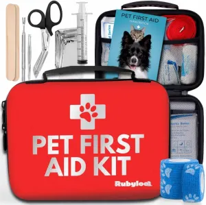 Cat & Dog First Aid Kit for Car, Home, Travel - Vet Approved Emergency Puppy Essentials with Pet First Aid Guide, Tick Remover, Slip Leash - Dog Camping & Travel Accessories for Hiking & Road Trips