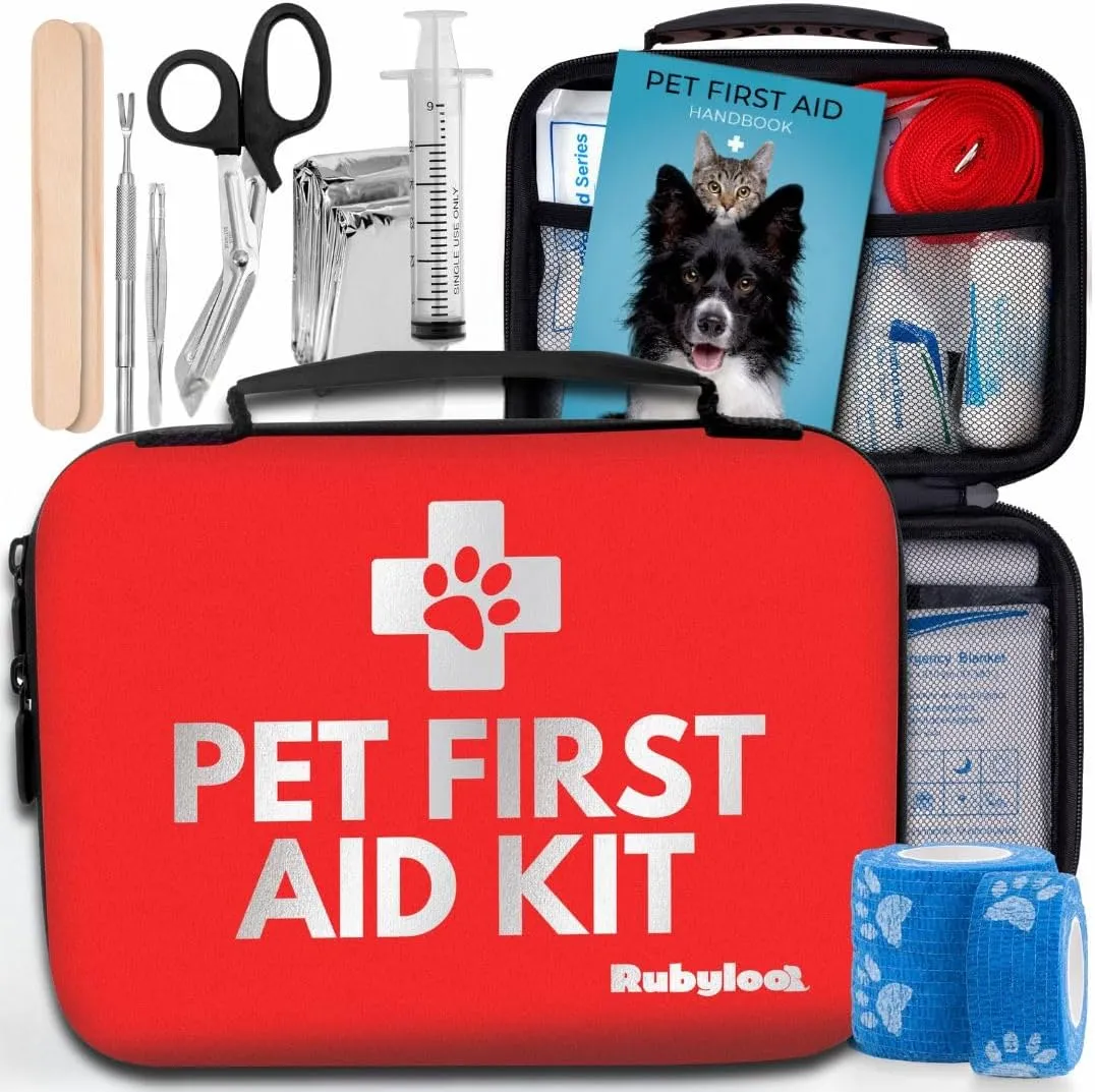 Cat & Dog First Aid Kit for Car, Home, Travel - Vet Approved Emergency Puppy Essentials with Pet First Aid Guide, Tick Remover, Slip Leash - Dog Camping & Travel Accessories for Hiking & Road Trips