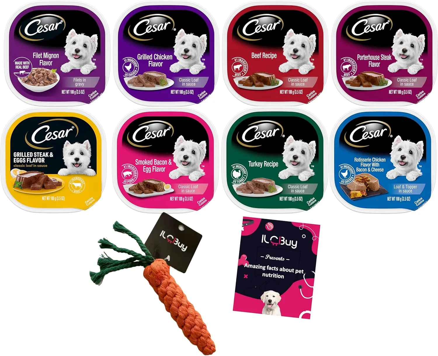 Cesar Soft Wet Dog Food Classic Bundle with 08 Flavors(1 Unit Each Flavor) . Total Units .Bundle a 1 roll Green Bone Waste Bag., 3.5 Ounce (Pack of 8)
