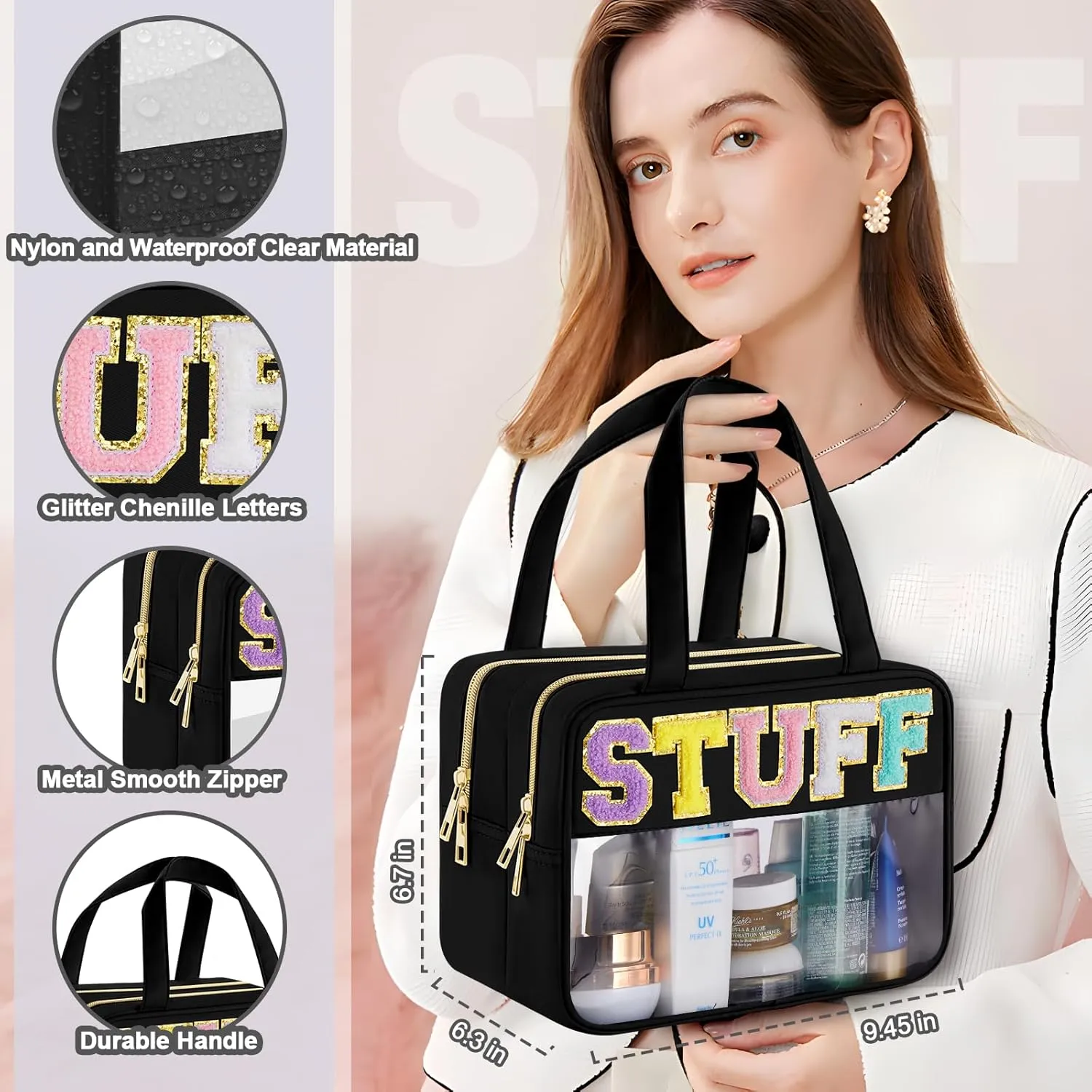 Chenille Letter Clear Makeup Bag, Preppy Cosmetic Bag with Zipper, Stuff Bag Waterproof Sunscreen Bag Travel Toiletry Pouch for Women and Girls