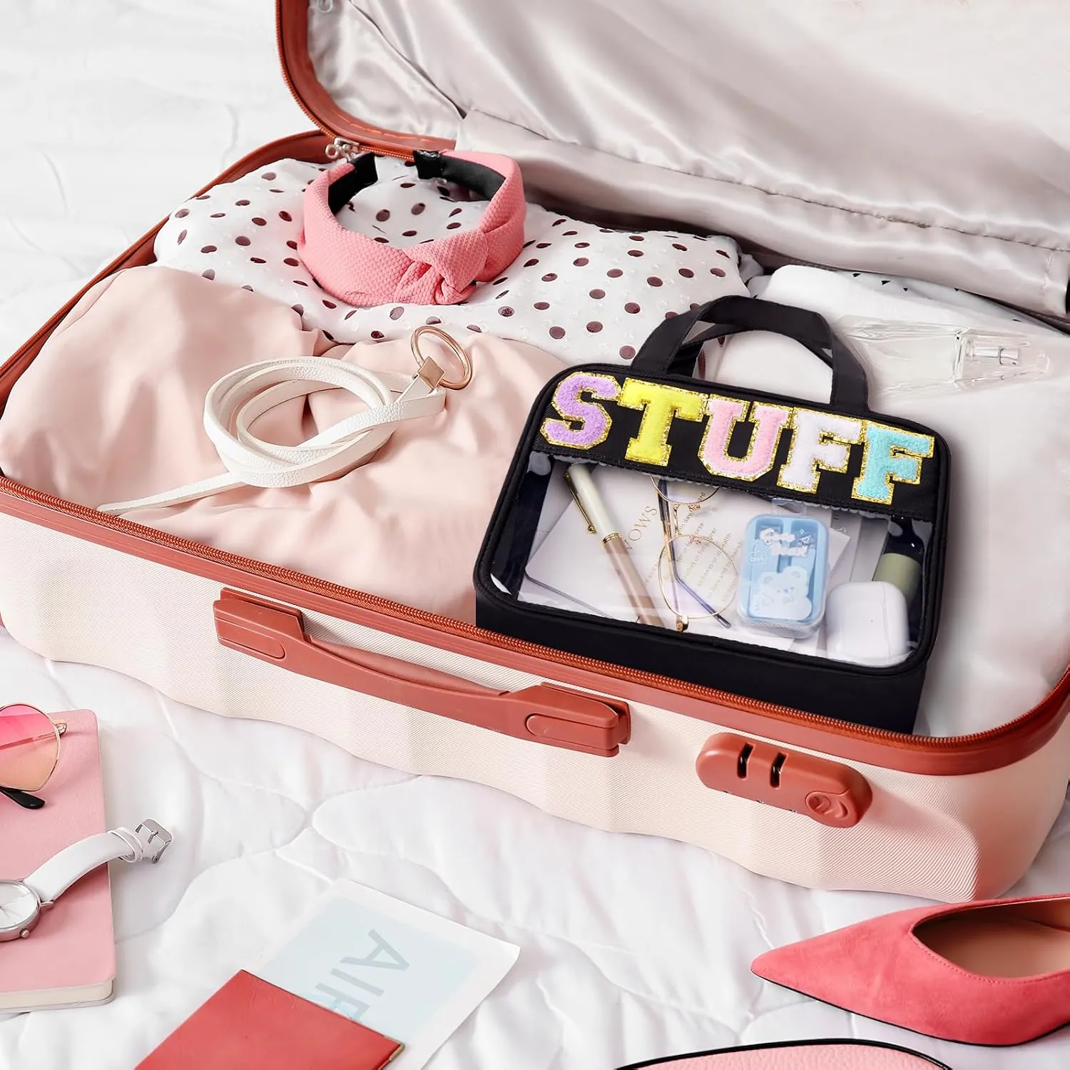 Chenille Letter Clear Makeup Bag, Preppy Cosmetic Bag with Zipper, Stuff Bag Waterproof Sunscreen Bag Travel Toiletry Pouch for Women and Girls