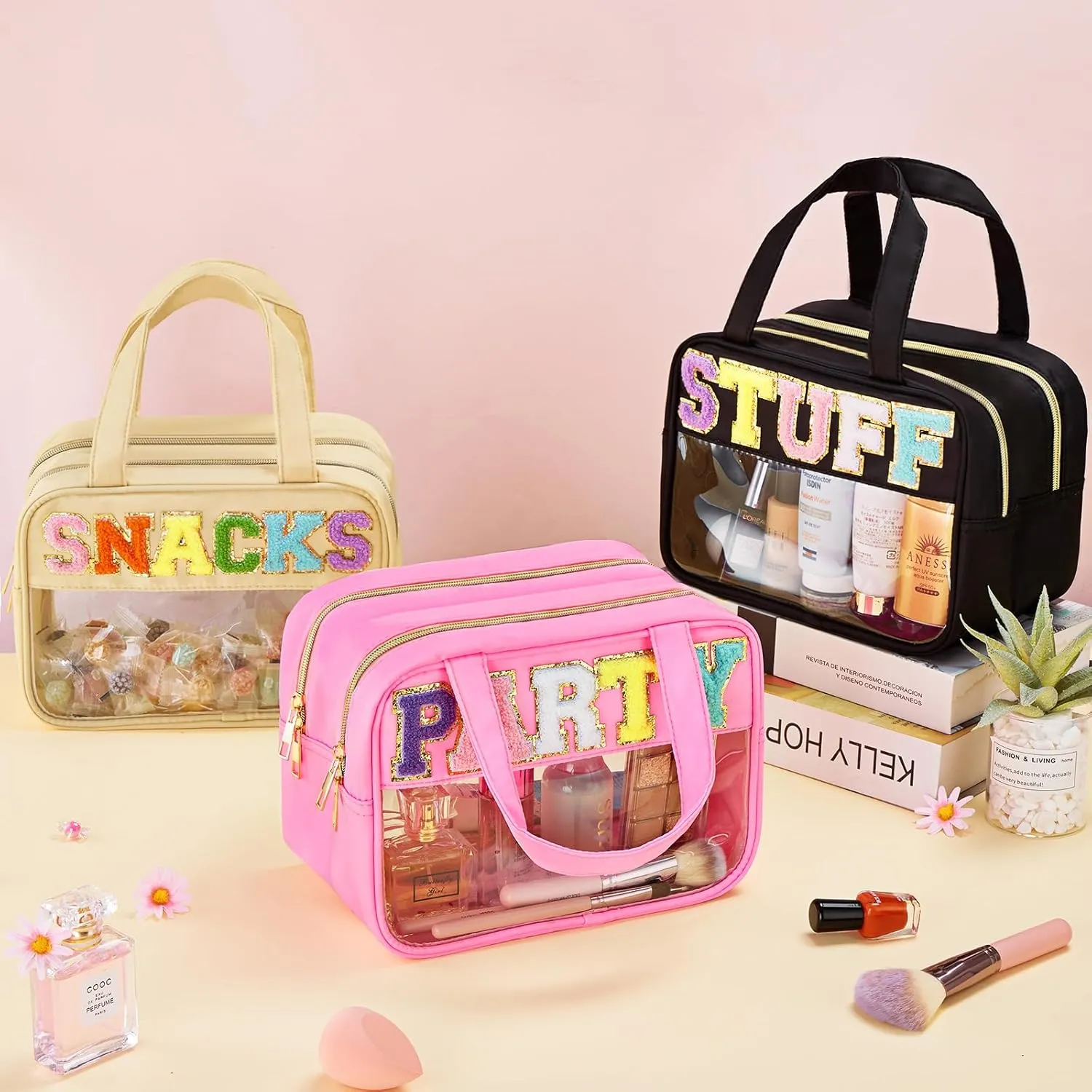 Chenille Letter Clear Makeup Bag, Preppy Cosmetic Bag with Zipper, Stuff Bag Waterproof Sunscreen Bag Travel Toiletry Pouch for Women and Girls