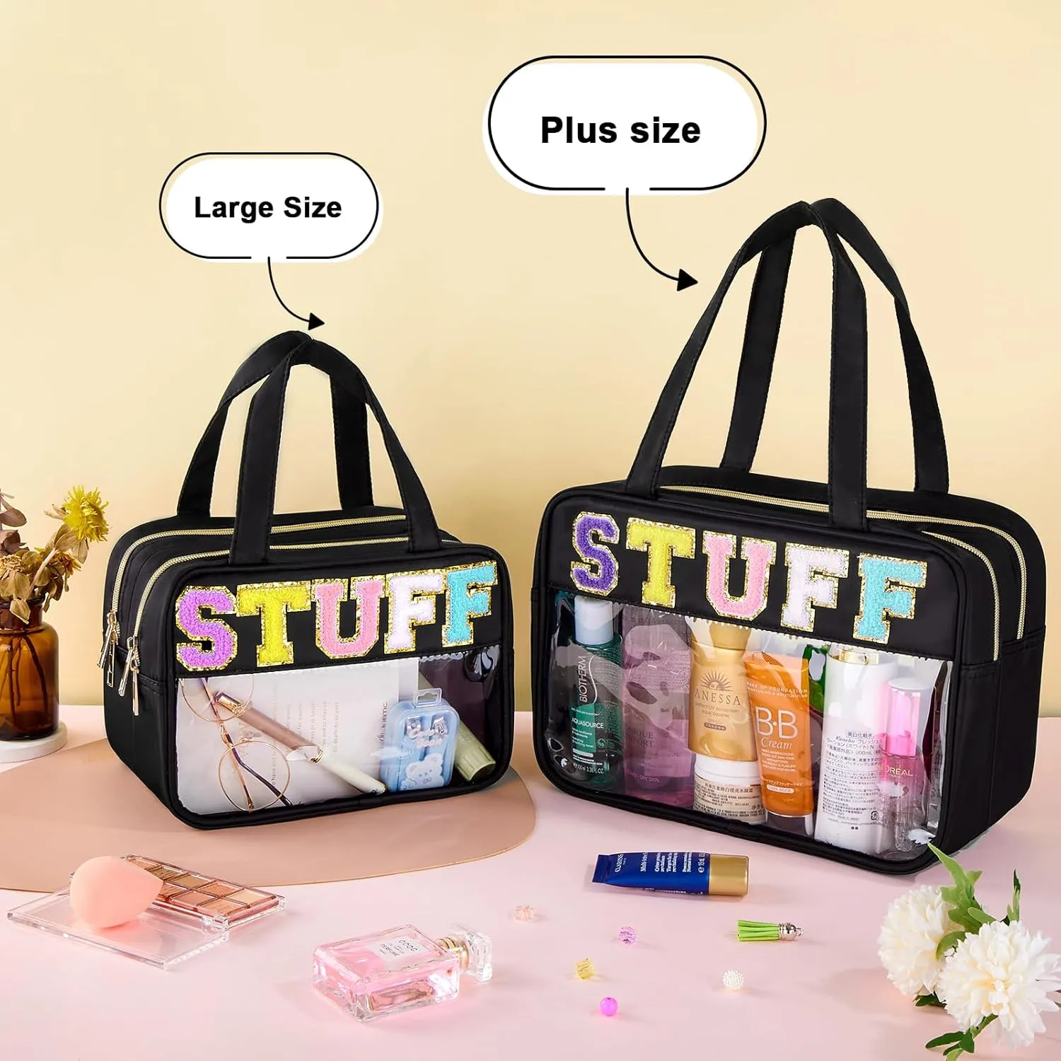 Chenille Letter Clear Makeup Bag, Preppy Cosmetic Bag with Zipper, Stuff Bag Waterproof Sunscreen Bag Travel Toiletry Pouch for Women and Girls