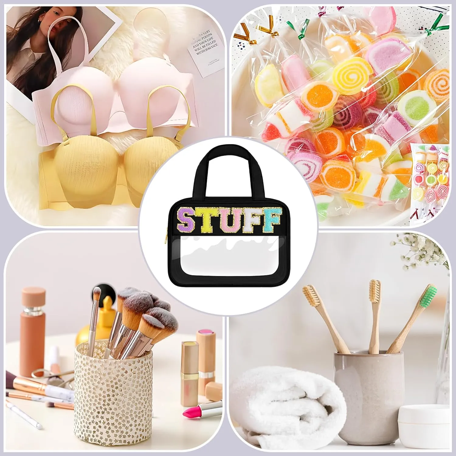 Chenille Letter Clear Makeup Bag, Preppy Cosmetic Bag with Zipper, Stuff Bag Waterproof Sunscreen Bag Travel Toiletry Pouch for Women and Girls