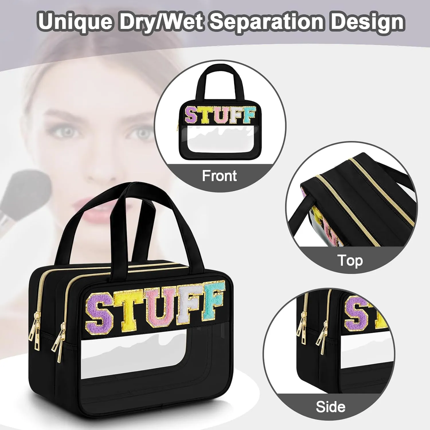 Chenille Letter Clear Makeup Bag, Preppy Cosmetic Bag with Zipper, Stuff Bag Waterproof Sunscreen Bag Travel Toiletry Pouch for Women and Girls