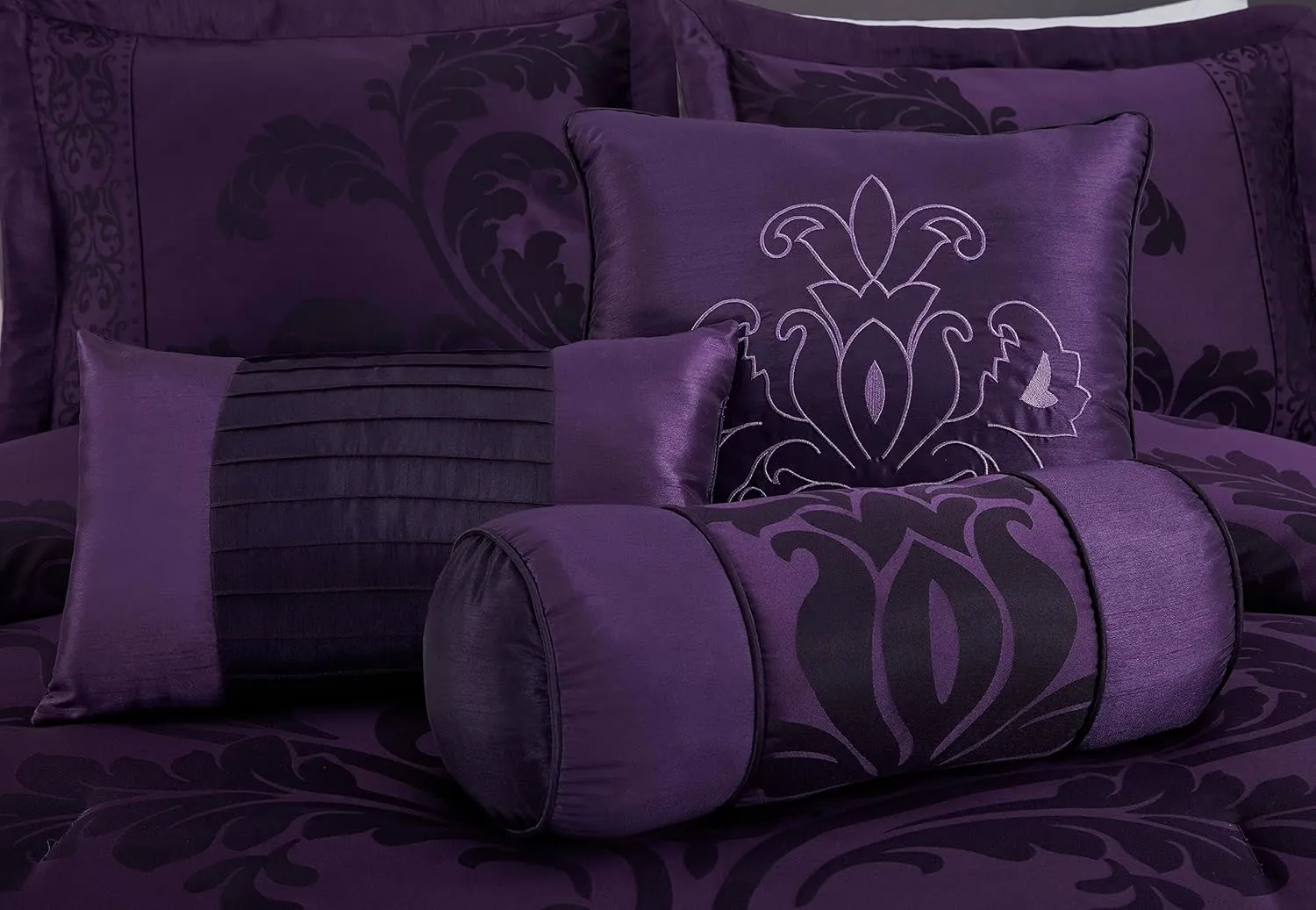 Chezmoi Collection 7-Piece Jacquard Floral Comforter Set (King, Purple/Dark Purple)