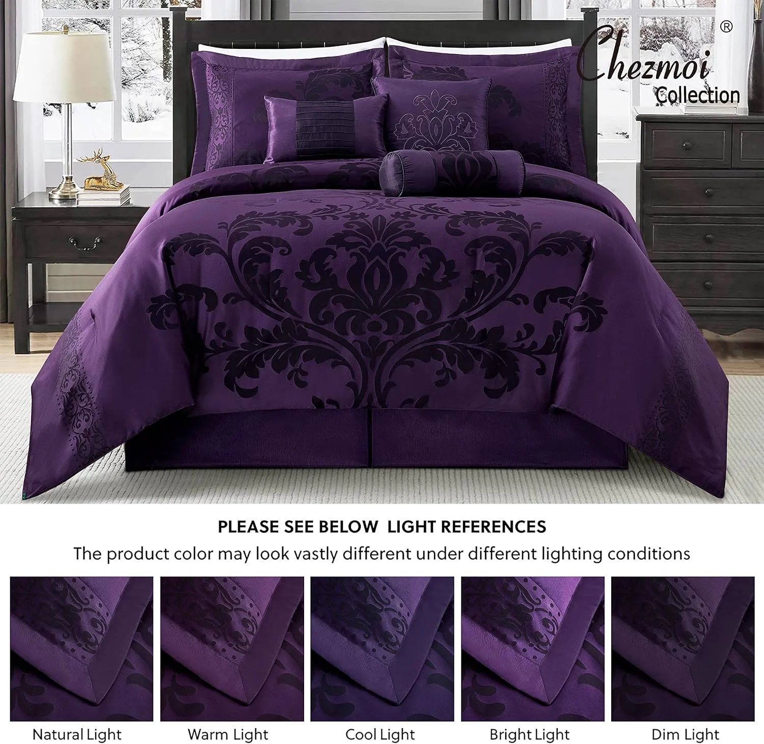 Chezmoi Collection 7-Piece Jacquard Floral Comforter Set (King, Purple/Dark Purple)