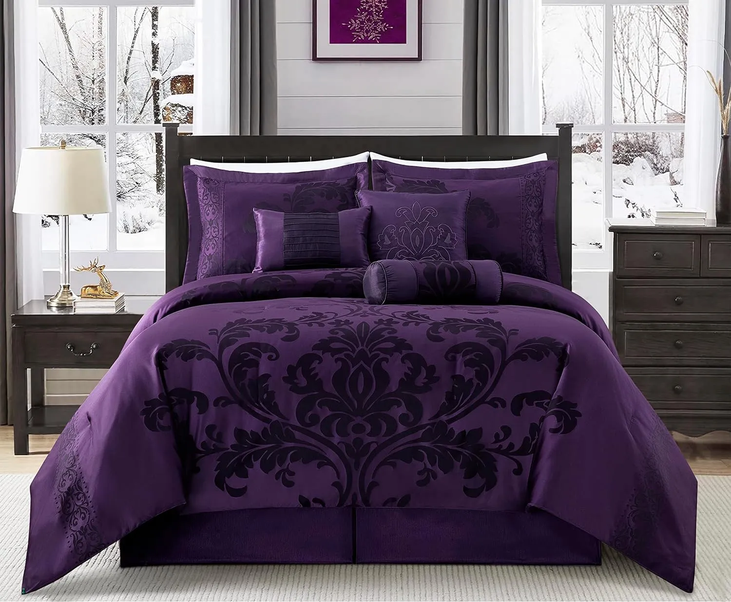 Chezmoi Collection 7-Piece Jacquard Floral Comforter Set (King, Purple/Dark Purple)