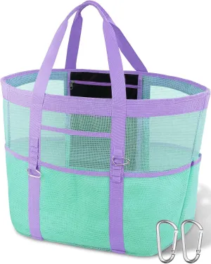 Chic & Spacious XX-Large Beach Bag for Women – 12 Pockets, Waterproof Mesh, Lightweight, Includes 2 Carabiners