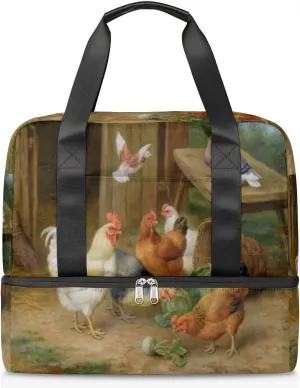 Chicken Pigeon Travel Bag Double Tier Zip Closure Weekender Bag with Leather Handle Waterproof Sports Tote Gym Bag for Swim Beach Gym Yoga