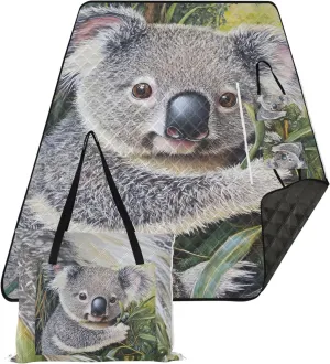 CHIFIGNO Cute Koala Green Leaves Beach Blanket Waterproof Sandproof, Floral Outdoor Camping Mat Cute Picnic Essentials Foldable, 118" x 80"