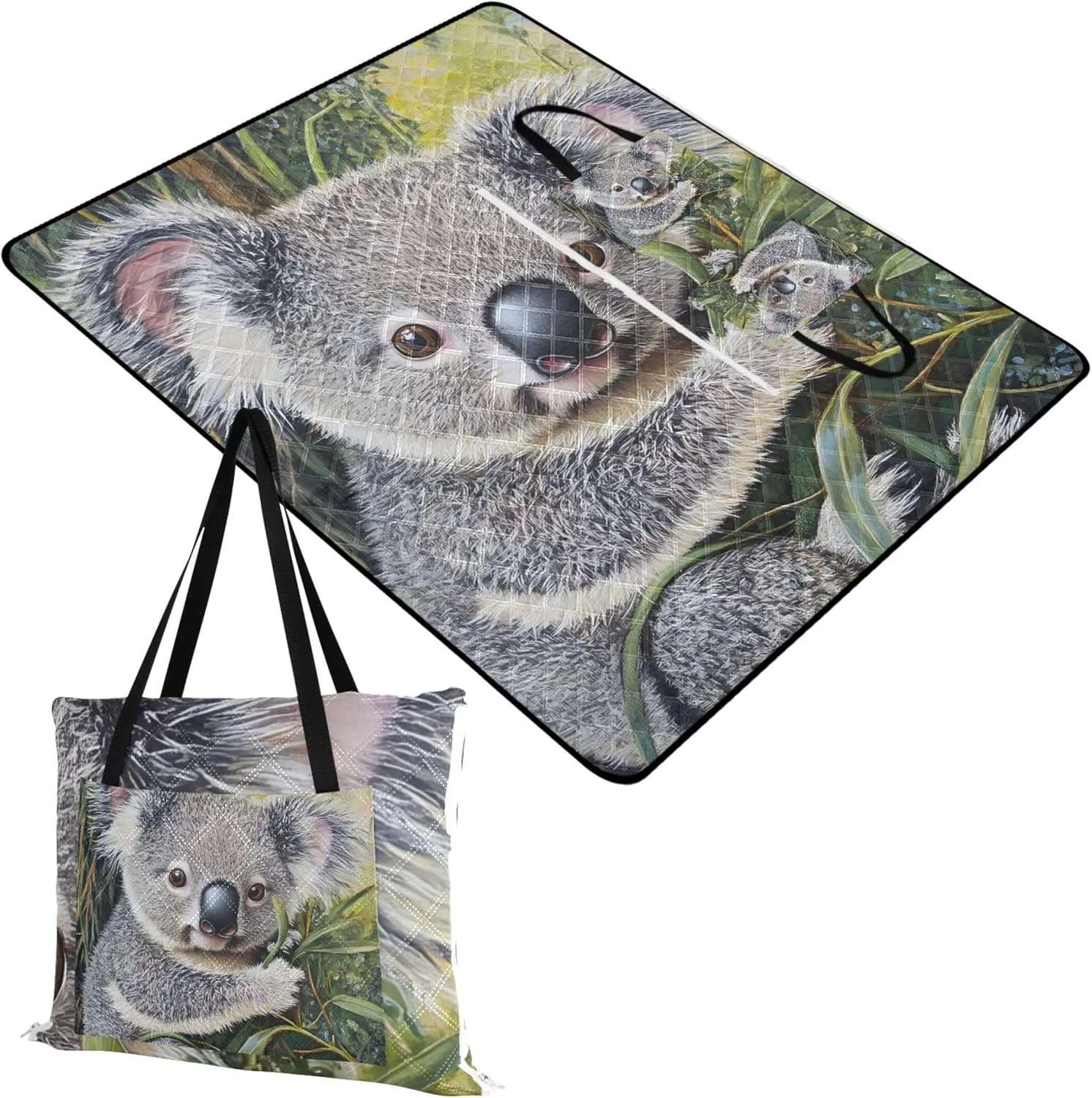 CHIFIGNO Cute Koala Green Leaves Beach Blanket Waterproof Sandproof, Floral Outdoor Camping Mat Cute Picnic Essentials Foldable, 118" x 80"