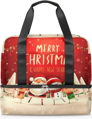 Christmas Santa Snowman Reindeer Travel Bag Double Tier Zip Closure Weekender Bag with Leather Handle Waterproof Sports Tote Gym Bag for Swim Beach Gym Yoga