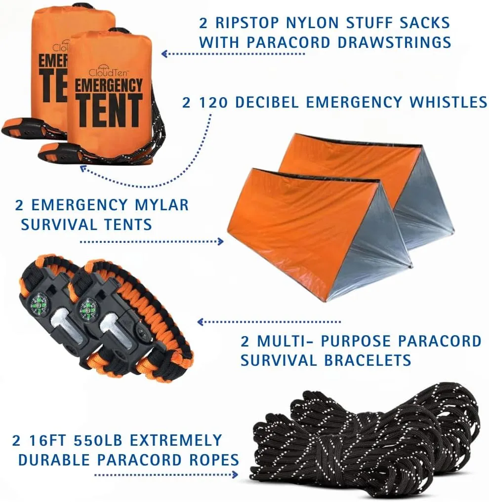 CloudTen Survival Gear: Lightweight 2 Person Survival Tent with Multi-Function Paracord Bracelets - Essential Emergency Tent & Bug Out Bag Items for Preppers, Hikers, Survivalists, Campers, Boy Scouts