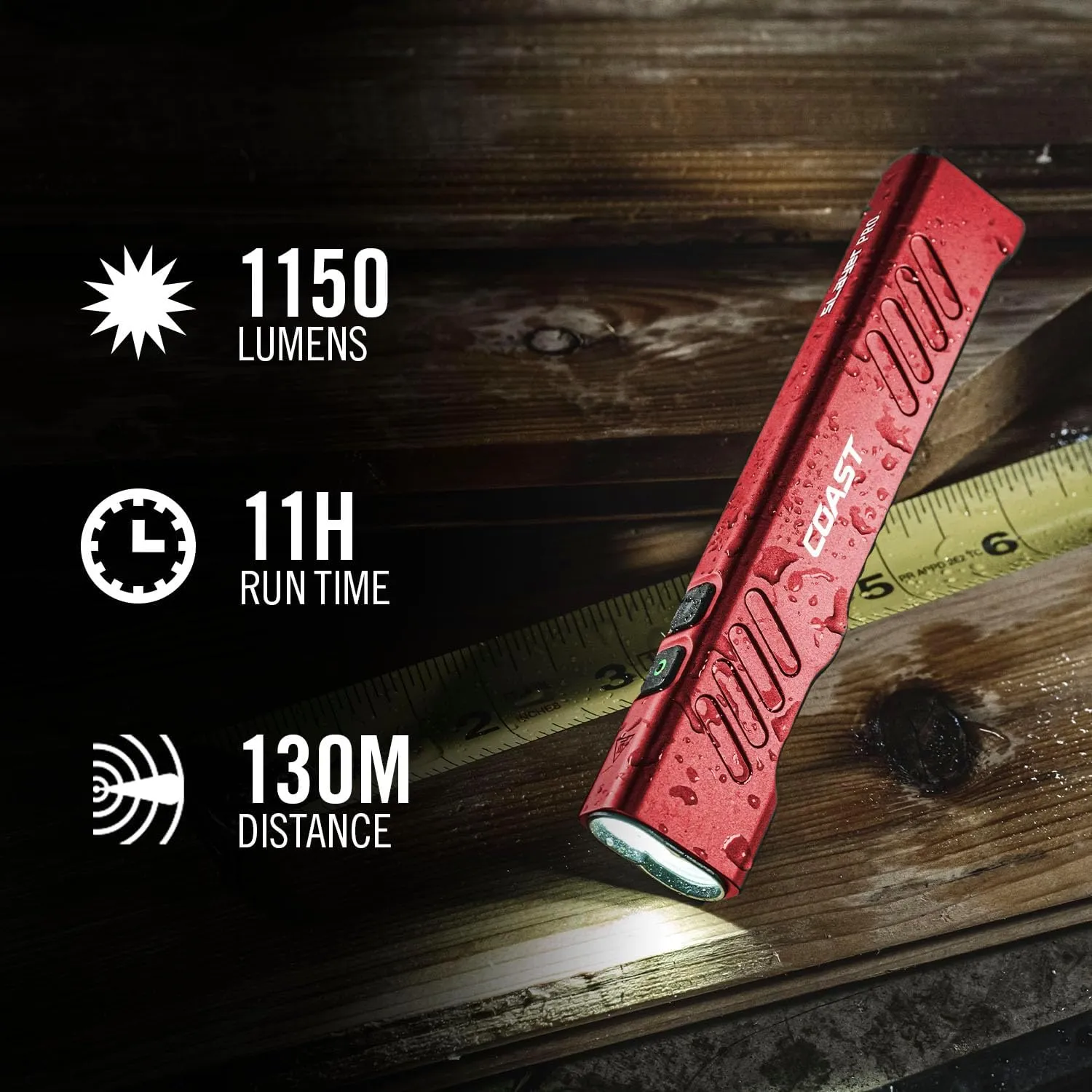Coast Slayer 1150 Lumen USB-C Rechargeable LED Flashlight with Spot/Flood, Memory Mode and Pocket Clip, RED