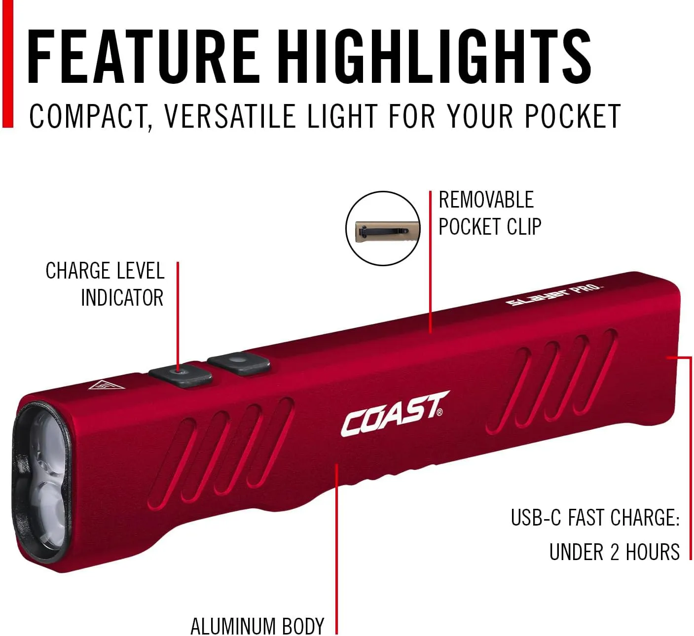 Coast Slayer 1150 Lumen USB-C Rechargeable LED Flashlight with Spot/Flood, Memory Mode and Pocket Clip, RED