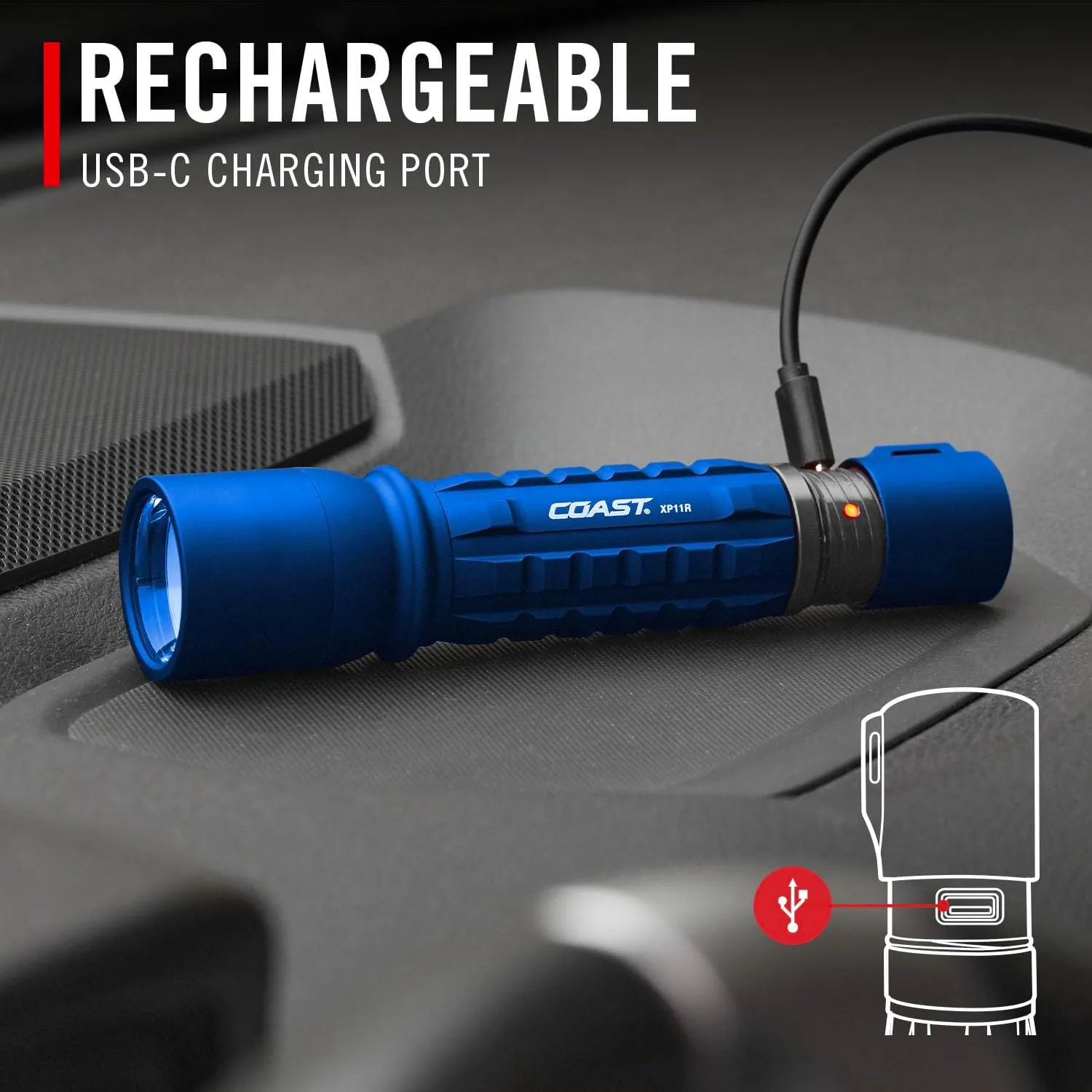 Coast XP11R 2600 Lumen USB-C Rechargeable LED Flashlight with Slide Focus® and Pure Beam® Focusing Optic, 4 Light Modes, Blue